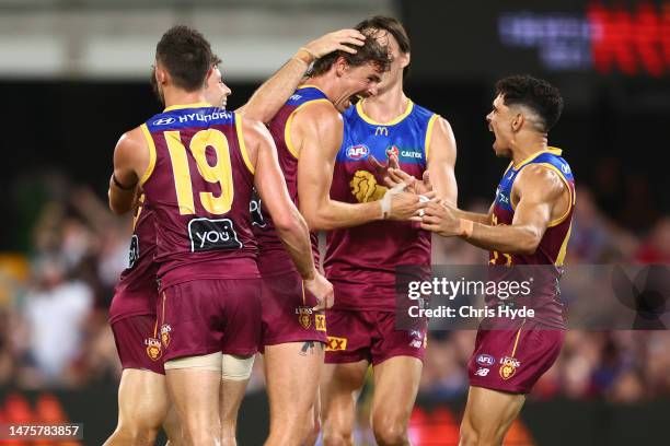 Joe Daniher of the Lions celebrates a goal during the round two AFL match between Brisbane Lions and Melbourne Demons at The Gabba, on March 24 in...