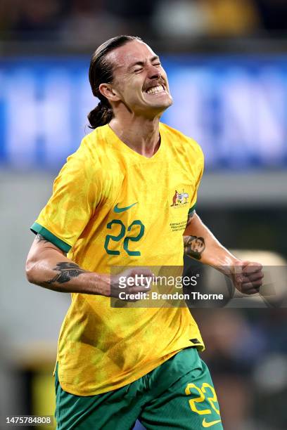 Jackson Irvine of Australia celebrates scoring a goal during the International Friendly match between the Australia Socceroos and Ecuador at CommBank...