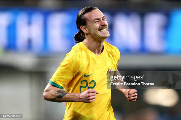 Jackson Irvine of Australia celebrates scoring a goal during the International Friendly match between the Australia Socceroos and Ecuador at CommBank...