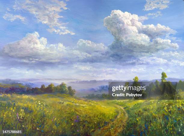 summer landscape in the countryside - oil painting flowers stock illustrations