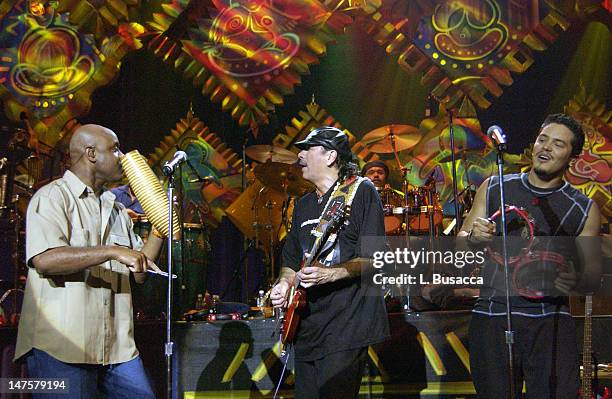 Tony Lindsay, Carlos Santana and Andy Vargas during Carlos Santana and Friends Play A&E's "Live By Request" at Sony Studios in New York, NY, United...