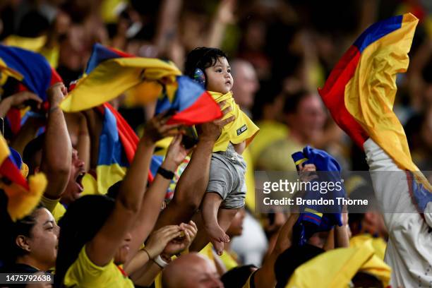 Ecuador fans celebrate during the International Friendly match between the Australia Socceroos and Ecuador at CommBank Stadium at CommBank Stadium on...