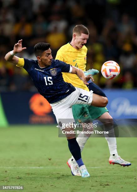 Angel Mena of Ecuador competes with Kye Rowles of Australia during the International Friendly match between the Australia Socceroos and Ecuador at...