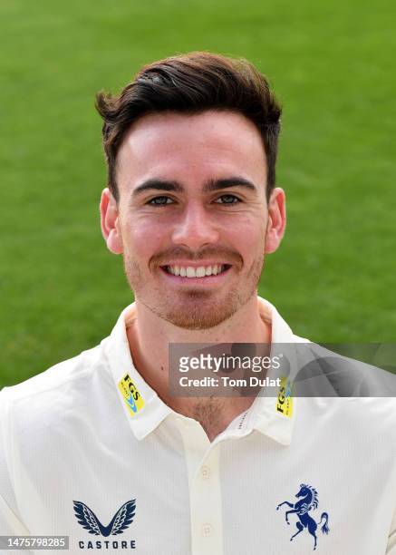 Nathan Gilchrist poses for photographs during Kent CCC Photocall at The Spitfire Ground on March 24, 2023 in Canterbury, England.