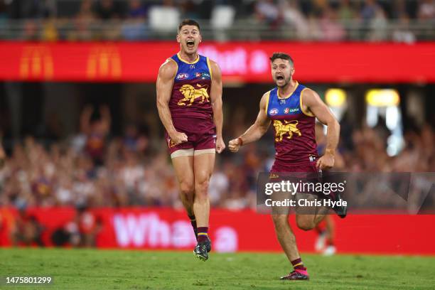 Dayne Zorko of the Lions is celebrates a goal during the round two AFL match between Brisbane Lions and Melbourne Demons at The Gabba, on March 24 in...