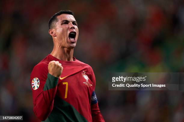 Cristiano Ronaldo of Portugal celebrates after scoring his team's fourth goal during the UEFA EURO 2024 qualifying round group J match between...