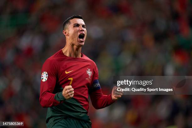 Cristiano Ronaldo of Portugal celebrates after scoring his team's third goal during the UEFA EURO 2024 qualifying round group J match between...