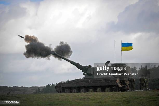 Ukrainian troops live fire the AS90 during their final training, on March 24, 2023 in South West, England. Ukrainian artillery recruits come to the...