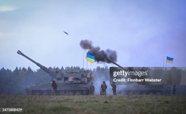 Ukrainian troops live fire the AS90 during their final training, on March 24, 2023 in South West, England. Ukrainian artillery recruits come to the...
