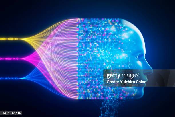 artificial intelligence robot and big data stream and binary data - langage informatique photos et images de collection