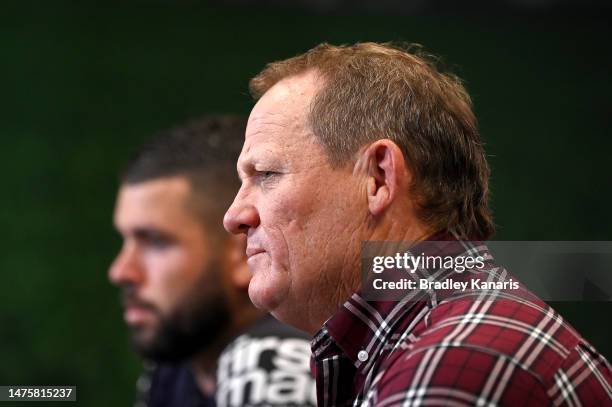 Broncos coach Kevin Walters and Adam Reynolds of the Broncos speak after the round four NRL match between the Dolphins and Brisbane Broncos at...