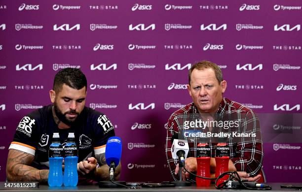 Broncos coach Kevin Walters and Adam Reynolds of the Broncos speak after the round four NRL match between the Dolphins and Brisbane Broncos at...