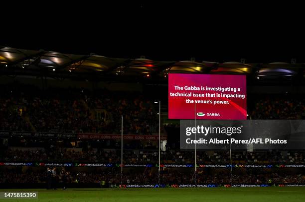 General view is seen after a power outage during the round two AFL match between Brisbane Lions and Melbourne Demons at The Gabba, on March 24 in...