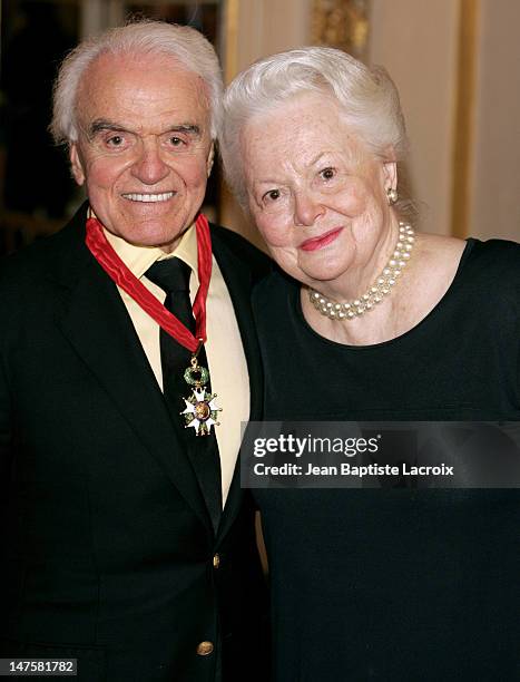 Jack Valenti and Olivia de Havilland during Jack Valenti receives the Legion of Honor at Ministere of Culture in Paris, France.