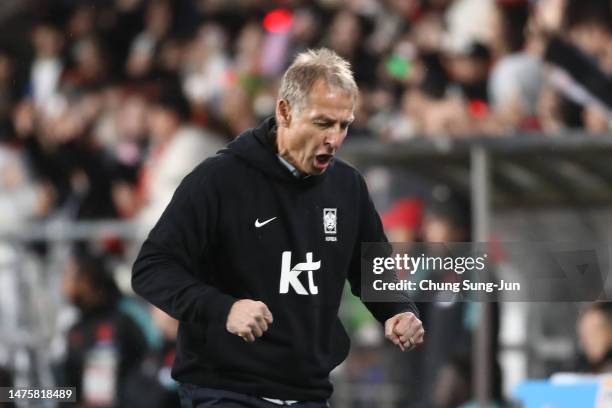 South Korea's new head coach Juergen Klinsmann looks on during the international friendly match between South Korea and Colombia at Ulsan Munsu...