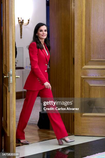 Queen Letizia of Spain attends an audience with Code.org and 'Magasin' editorial representatives at the Zarzuela Palace on March 24, 2023 in Madrid,...