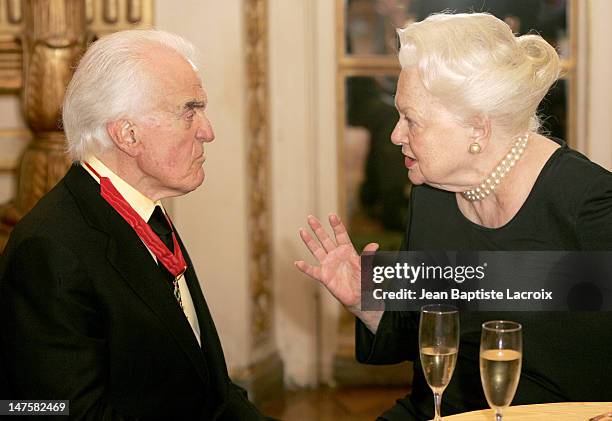 Jack Valenti and Olivia de Havilland during Jack Valenti receives the Legion of Honor at Ministere of Culture in Paris, France.