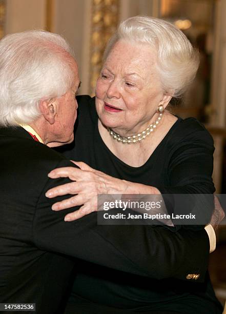 Jack Valenti and Olivia de Havilland during Jack Valenti receives the Legion of Honor at Ministere of Culture in Paris, France.