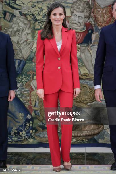 Queen Letizia of Spain attends audiences at Zarzuela Palace on March 24, 2023 in Madrid, Spain.