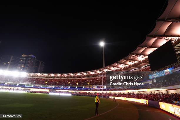 Power goes out during the round two AFL match between Brisbane Lions and Melbourne Demons at The Gabba, on March 24 in Brisbane, Australia.