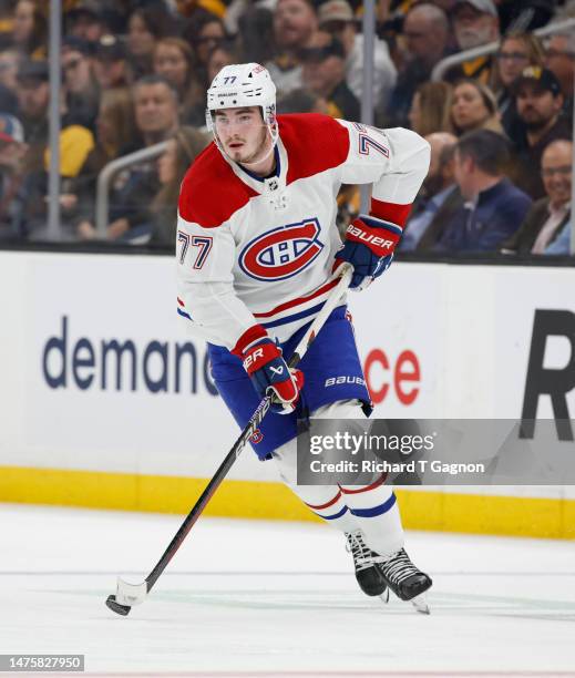 Kirby Dach of the Montreal Canadiens skates against the Boston Bruins at the TD Garden on March 23, 2023 in Boston, Massachusetts. The Bruins win 4-2.