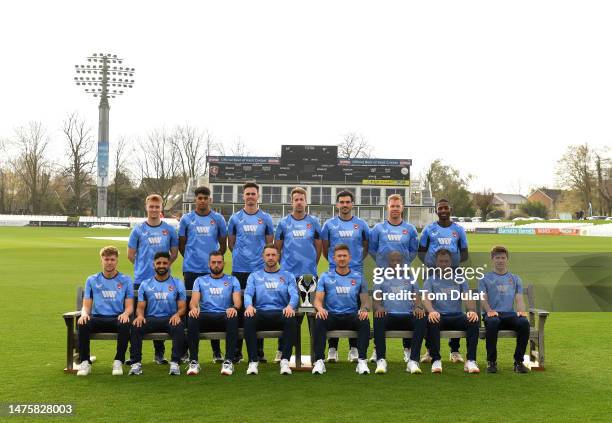 Players of Kent CCC pose for a team photo during the Kent CCC Photocall at The Spitfire Ground on March 24, 2023 in Canterbury, England.