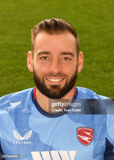 Jack Leaning poses for photographs during the Kent CCC Photocall at The Spitfire Ground on March 24, 2023 in Canterbury, England.