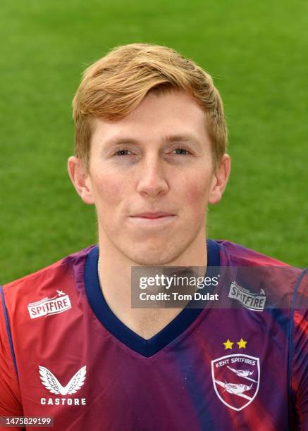 Zak Crawley poses for photographs during the Kent CCC Photocall at The Spitfire Ground on March 24, 2023 in Canterbury, England.