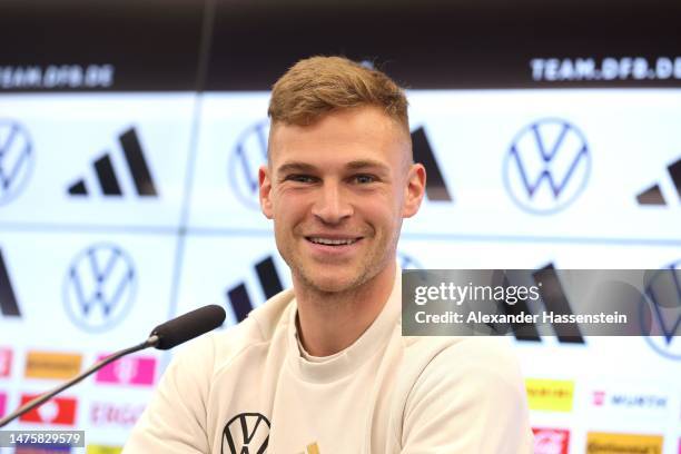 Joshua Kimmich of Germany talks to the media during a team Germany press conference at DFB-Campus on March 24, 2023 in Frankfurt am Main, Germany.