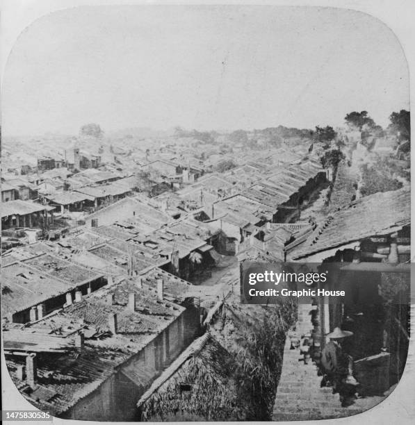 High-angle panoramic view of the rooftops of the surrounding area from the brick city walls of Guangzhou , the capital city of Guangdong province,...