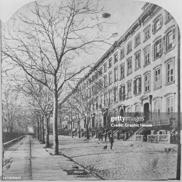 Pedestrians, including a child walking a dog, on a tree-lined street at the edge of Madison Square Park, view looking west from the southwest corner...