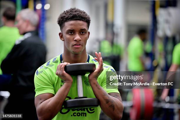 Demarai Gray in the gym during the Everton Training Session at Finch Farm on March 23, 2023 in Halewood, England.
