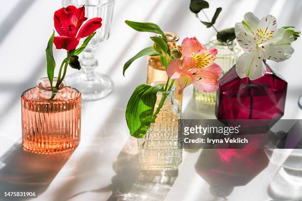 summer scene with flowers in the colorful glass vases from perfume. sun and shadows. minimal nature background. - bud vase stock pictures, royalty-free photos & images