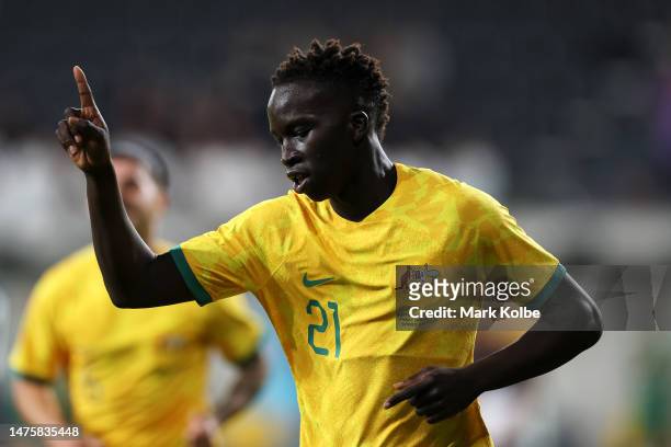 Garang Kuol of the Socceroos celebrates scoring a goal during the International Friendly match between the Australia Socceroos and Ecuador at...