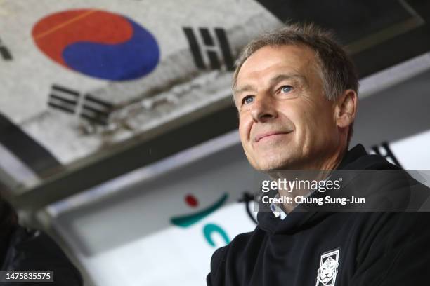 South Korea's new head coach Juergen Klinsmann looks on during the international friendly match between South Korea and Colombia at Ulsan Munsu...