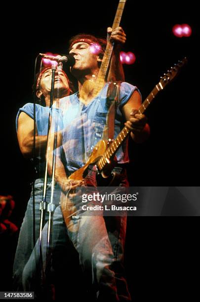American musician Bruce Springsteen performs in concert, New York, New York, circa 1989.