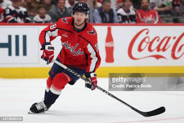 Rasmus Sandin of the Washington Capitals skates against the Chicago Blackhawks during the first period at Capital One Arena on March 23, 2023 in...
