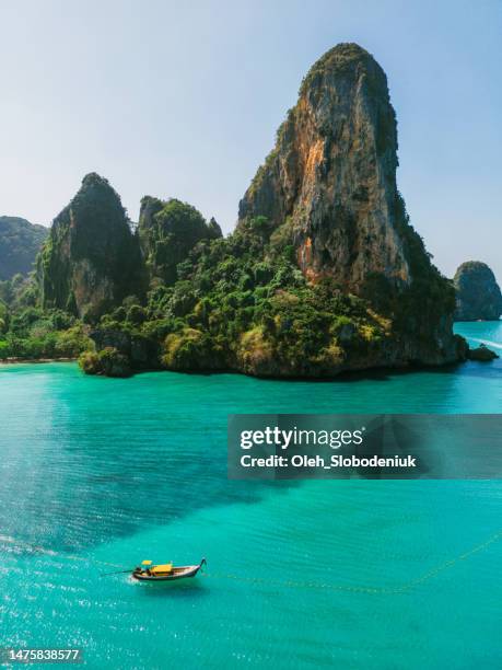aerial view of yacht near railey beach in thailand - phuket stock pictures, royalty-free photos & images