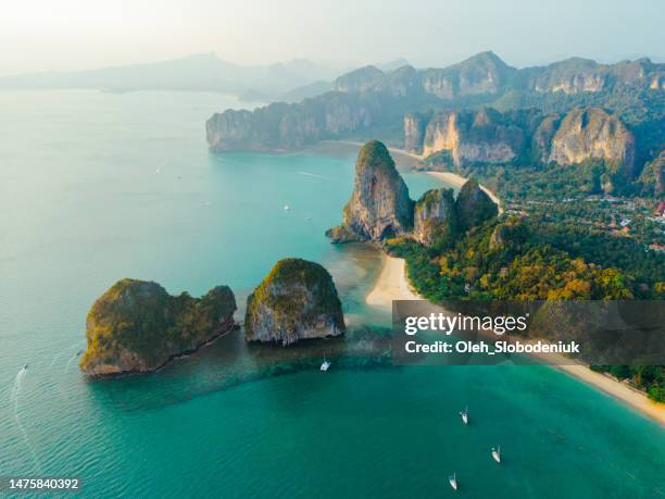 aerial view of yacht near railey beach in thailand - railay beach stock pictures, royalty-free photos & images