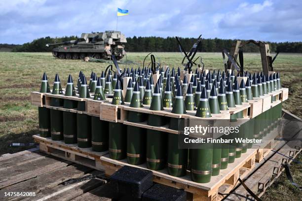 Ammunition is seen during live fire training with the AS90, on March 24, 2023 in South West, England. Ukrainian artillery recruits come to the end of...