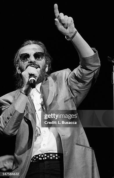 English musician Ringo Starr onstage during a concert, New York, New York, circa 1989.