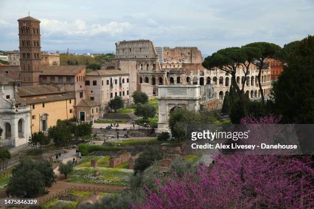 General view from Palatine Hill looking towards the Colosseum is seen on April 04, 2022 in Rome, Italy.