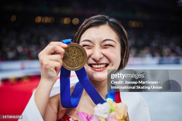 Kaori Sakamoto of Japan poses in the Women's medal ceremony during the ISU World Figure Skating Championships at Saitama Super Arena on March 24,...