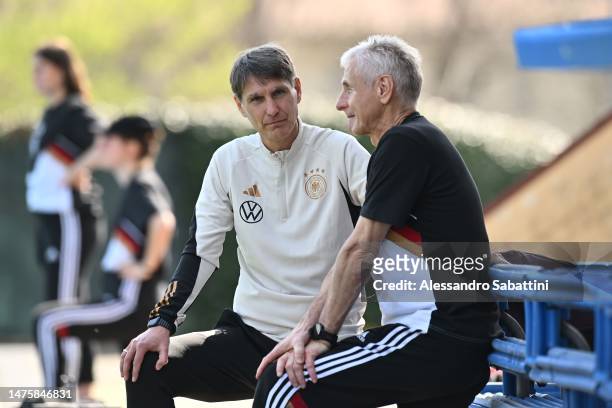 Michael Prus head coach of Germany U16 looks on during the U16 international friendly match between Italy and Germany at Tecnical Centre of...