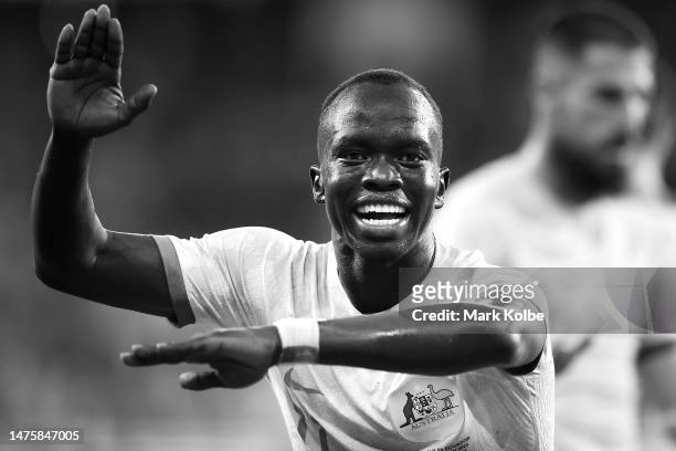 Awer Mabil of the Socceroos celebrates scoring a goal during the International Friendly match between the Australia Socceroos and Ecuador at CommBank...