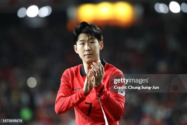 Son Heung-min of South Korea celebrates after the international friendly match between South Korea and Colombia at Ulsan Munsu Football Stadium on...