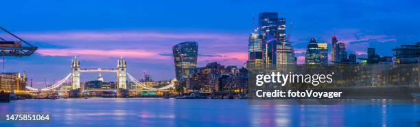 london glittering city skyscrapers overlooking tower bridge thames sunset panorama - london bridge stock pictures, royalty-free photos & images