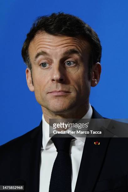 Emmanuel Macron President of France talks during a press conference at the end of the European Union Council Meeting on March 24, 2023 in Brussels,...