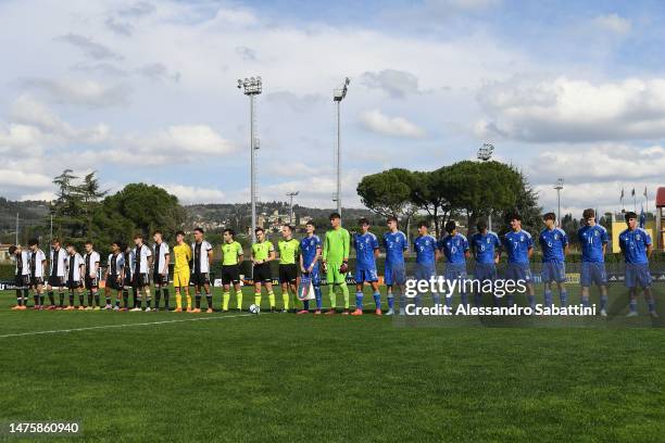 Germany and Italy teams line up during the U16 international friendly match between Italy and Germany at Tecnical Centre of Coverciano on March 24,...