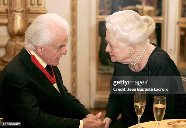 Jack Valenti and Olivia de Havilland during Jack Valenti receives the Legion of Honor at Ministere of Culture in Paris, France.